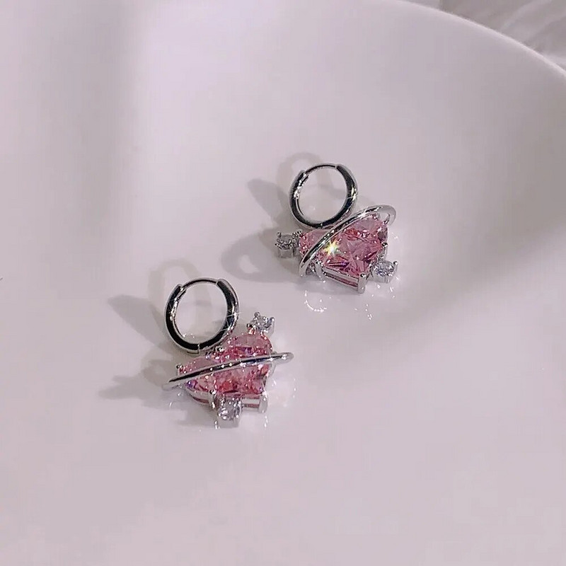 Σετ σκουλαρίκι με κολιέ κρύσταλλο ροζ καρδιά Set Fashion Kpop Shiny Clavicle Chain για γυναίκες κορίτσια Νέα τάση Δώρα για πάρτι Κοσμήματα 2023