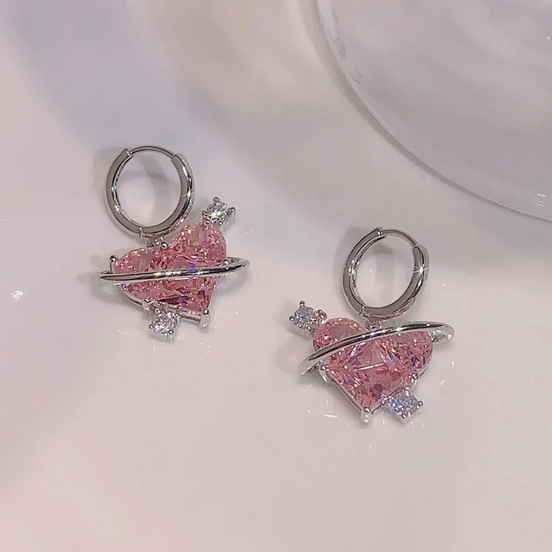 Σετ σκουλαρίκι με κολιέ κρύσταλλο ροζ καρδιά Set Fashion Kpop Shiny Clavicle Chain για γυναίκες κορίτσια Νέα τάση Δώρα για πάρτι Κοσμήματα 2023