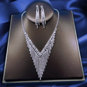Луксозен комплект бижута за булка с кристален пискюл V-образна кристална сватбена рокля със сребърно покритие Банкетна огърлица Комплект обеци Дамски подарък