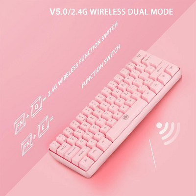 61 Keys RGB Backlit 2.4G Bluetooth-compatible Dual Mode Wireless Keyboard Gaming Computer Keyboard for Gamer PC Laptop Pink