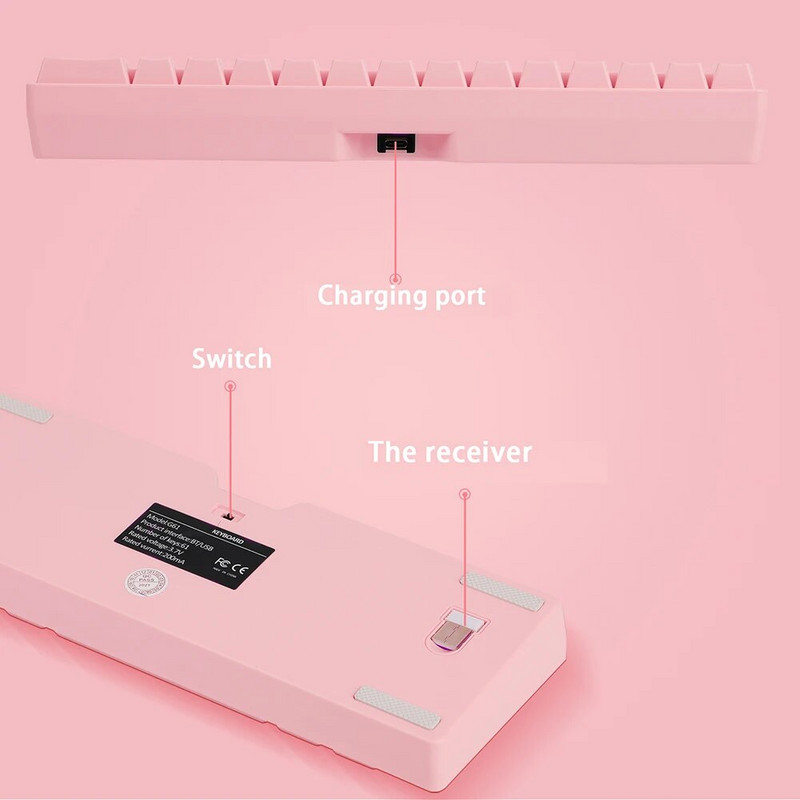 61 klahvi RGB taustvalgustusega 2.4G Bluetoothiga ühilduv kaherežiimiline juhtmeta klaviatuur Mänguarvuti klaviatuur mängijatele mõeldud sülearvutile Roosa