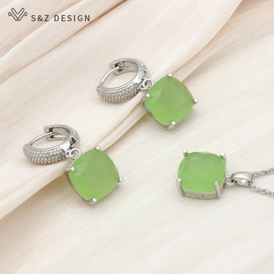 S&Z DESIGN Νέα μόδα Πολύχρωμα τετράγωνα κρυστάλλινα σκουλαρίκια σετ κοσμημάτων για γυναίκες Κρεμαστό κολιέ με ιδιοσυγκρασία γάμου Δώρο