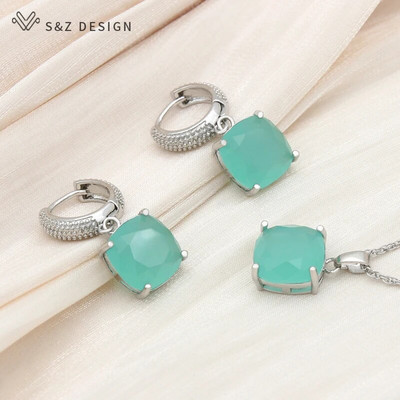 S&Z DESIGN Νέα μόδα Πολύχρωμα τετράγωνα κρυστάλλινα σκουλαρίκια σετ κοσμημάτων για γυναίκες Κρεμαστό κολιέ με ιδιοσυγκρασία γάμου Δώρο