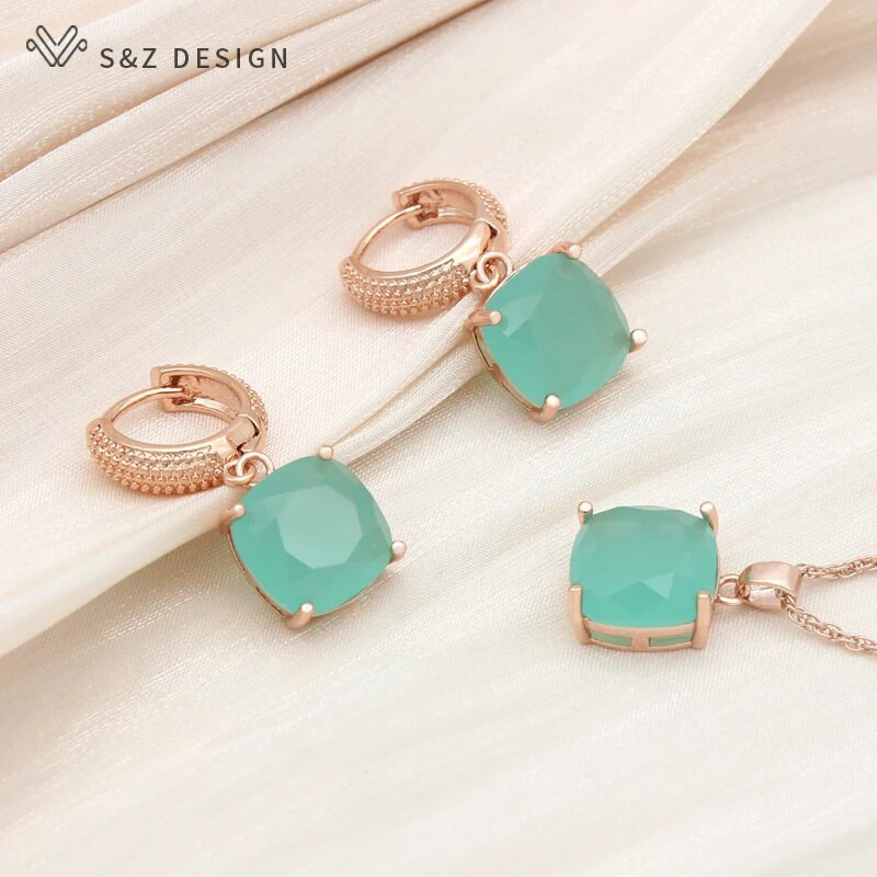 S&Z DESIGN Νέα μόδα Πολύχρωμα τετράγωνα κρυστάλλινα σκουλαρίκια σετ κοσμημάτων για γυναίκες Κρεμαστό κολιέ με ιδιοσυγκρασία γάμου Δώρο