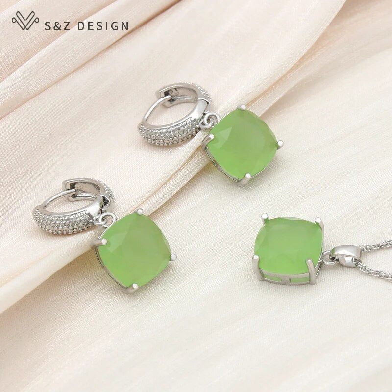 S&Z DESIGN Νέα μόδα Πολύχρωμα τετράγωνα κρυστάλλινα σκουλαρίκια σετ κοσμημάτων για γυναίκες Κρεμαστό κολιέ με ιδιοσυγκρασία γάμου Δώρο