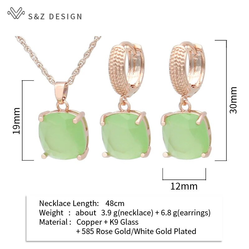 S&Z DESIGN Νέα μόδα Πολύχρωμα τετράγωνα κρυστάλλινα σκουλαρίκια σετ κοσμημάτων για γυναίκες Κρεμαστό κολιέ με ιδιοσυγκρασία γάμου Δώρο