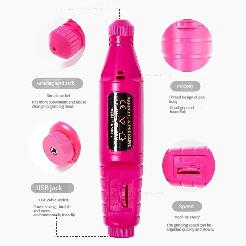 Fushia Pink USB elektriliste küünepuuride komplekt Eemaldage lakk maniküür pediküür 6 tk küüneviili lihvimisribad masin küünte kunsti pliiats