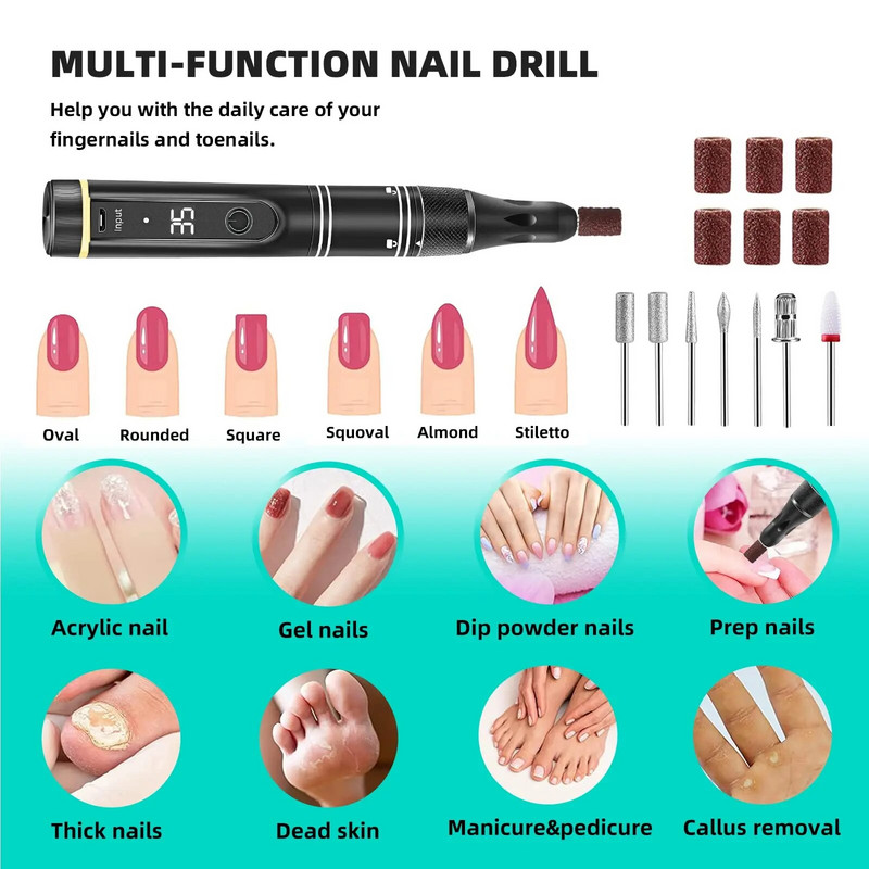 Profesionalna bežična punjiva električna bušilica za nokte od 35000 okretaja u minuti, višenamjenski pribor za manikuru za poliranje noktiju