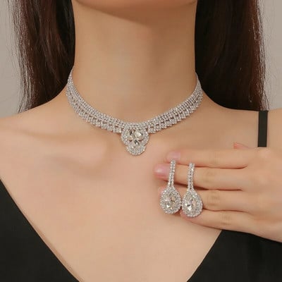 FYUAN Colier cu strass, cercei de stil nou pentru femei, cercei cu picături de apă, cristal, doamne, nuntă, mireasă, seturi de bijuterii, accesorii