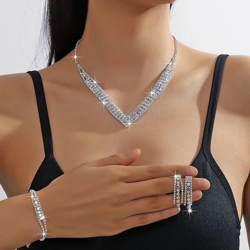 FYUAN Shine ABSilver spalvos krištolo karoliai auskarai apyrankės ilgas kutas Kalnų krištolo auskarai vestuvių vakarėliui papuošalų rinkiniai