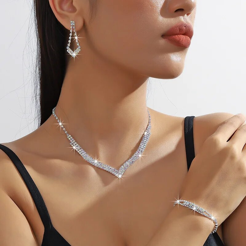 FYUAN Shine ABSilver spalvos krištolo karoliai auskarai apyrankės ilgas kutas Kalnų krištolo auskarai vestuvių vakarėliui papuošalų rinkiniai