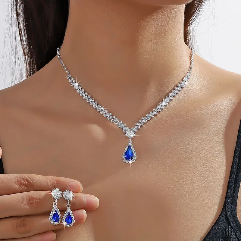 FYUAN geomeetrilised kivist kaelakee kõrvarõngad naistele roosa sinine punane vesitilk kristallist pulmapruudi ehtekomplektid