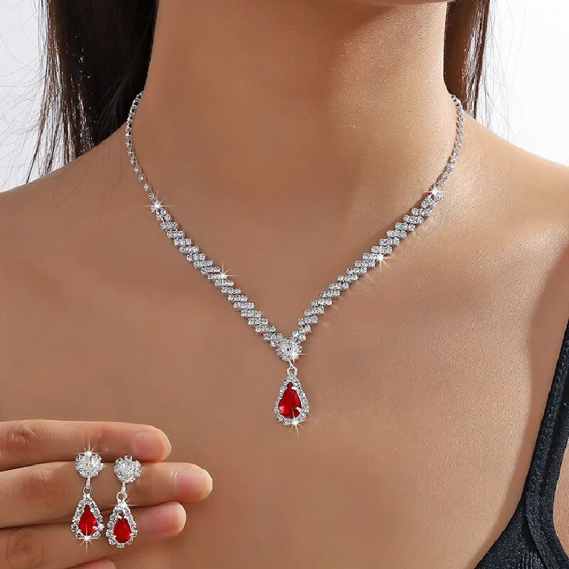 FYUAN geomeetrilised kivist kaelakee kõrvarõngad naistele roosa sinine punane vesitilk kristallist pulmapruudi ehtekomplektid