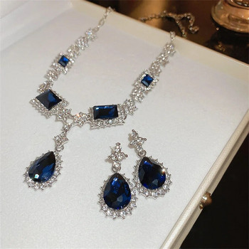 FYUAN Water Drop κολιέ σκουλαρίκι για γυναίκες Σκούρο μπλε κρύσταλλο σκουλαρίκια Σετ κοσμημάτων γάμου νύφη Αξεσουάρ