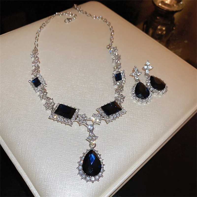 FYUAN Water Drop κολιέ σκουλαρίκι για γυναίκες Σκούρο μπλε κρύσταλλο σκουλαρίκια Σετ κοσμημάτων γάμου νύφη Αξεσουάρ
