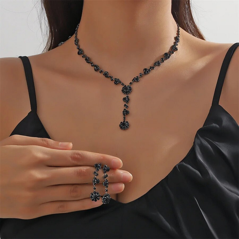 FYUAN Simple Black Crystal kaelakee Kõrvarõngad Käevõru Pikad Tutt Kõrvarõngad Pulma Pruudi Ehete Komplektid Aksessuaarid