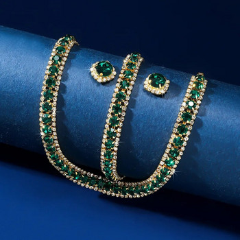 Σετ βραχιολιών σκουλαρίκια με κολιέ πολυτελείας Πράσινο μπλε ασημί Χρυσό Χρώμα κρυστάλλινο κολιέ για γυναίκες γάμους Σετ κοσμημάτων νύφης