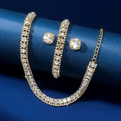 FYUAN luksusa kaklarotu auskaru rokassprādzes komplekti zaļi zili sudraba zelta krāsas kristāla kaklarota sievietēm kāzu līgavu rotaslietu komplekti