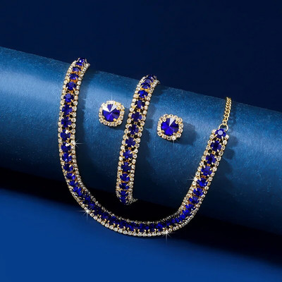 FYUAN luksusa kaklarotu auskaru rokassprādzes komplekti zaļi zili sudraba zelta krāsas kristāla kaklarota sievietēm kāzu līgavu rotaslietu komplekti