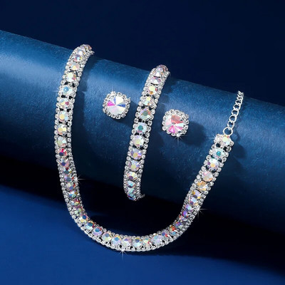 FYUAN luksusa kaklarotu auskaru rokassprādzes komplekti zaļi zili sudraba zelta krāsas kristāla kaklarota sievietēm kāzu līgavu rotaslietu komplekti