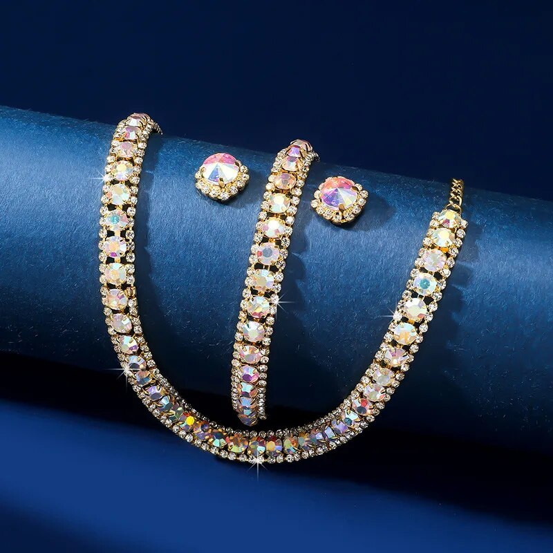 FYUAN luksusa kaklarotu auskaru rokassprādzes komplekti zaļi zili sudraba zelta krāsas kristāla kaklarota sievietēm kāzu līgavu rotaslietu komplekti