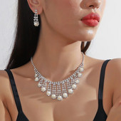 FYUAN Cercei cu colier de perle în stil 9 pentru femei Cercei lungi cu strass, nunta, mireasa, seturi de bijuterii, accesorii