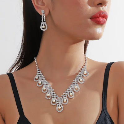 FYUAN Cercei cu colier de perle în stil 9 pentru femei Cercei lungi cu strass, nunta, mireasa, seturi de bijuterii, accesorii