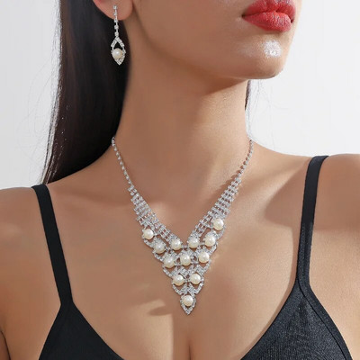 FYUAN Cercei cu colier de perle în stil 9 pentru femei Cercei lungi cu strass, nunta, mireasa, seturi de bijuterii, accesorii