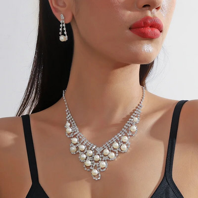 FYUAN Cercei cu colier de perle în stil 9 pentru femei Cercei lungi cu strass, nunta, mireasa, seturi de bijuterii, accesorii