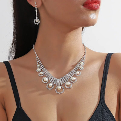 FYUAN Cercei cu colier de perle în stil 9 pentru femei Cercei lungi cu strass, nunta, mireasa, seturi de bijuterii, accesorii