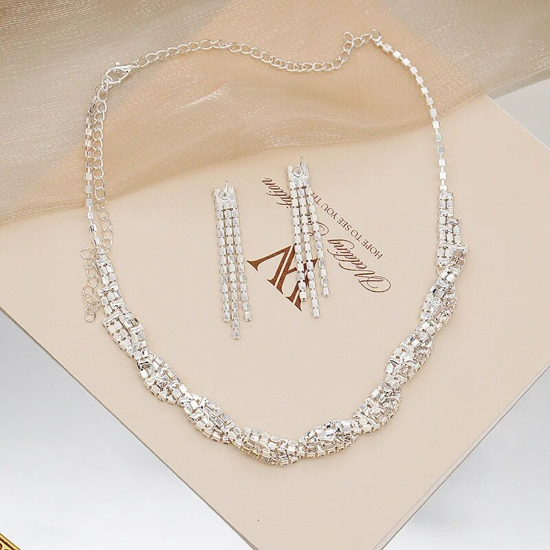 FYUAN ģeometriski kristāla kalnu kaklarota auskari sievietēm Sieviešu kāzu līgavu rotaslietu komplekti aksesuāri