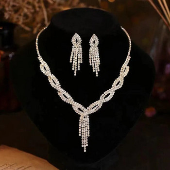 FYUAN Блестящи обеци с дълги пискюли Колие Дамски обеци с кристали за дами Булка Сватбени комплекти бижута Аксесоари