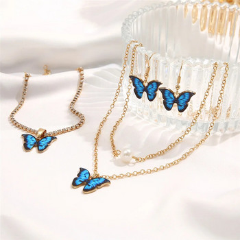 Σκουλαρίκια κολιέ με αλυσίδα 17 χιλιομέτρων χρυσό χρώμα μπλε πεταλούδα για γυναίκες Μινιμαλιστικό βραχιόλι μόδας Νέα τάση Δώρα για πάρτι κοσμημάτων