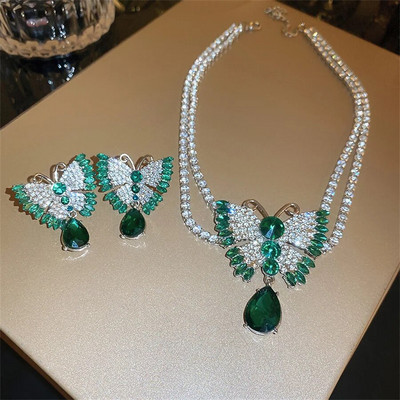 FYUAN Ogrlica s leptirima Kompleti naušnica Zelena kristalna ogrlica Žene Vjenčanja Mladenka Nakit Dodaci