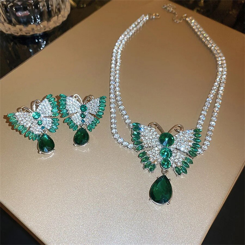FYUAN Ogrlica s leptirima Kompleti naušnica Zelena kristalna ogrlica Žene Vjenčanja Mladenka Nakit Dodaci