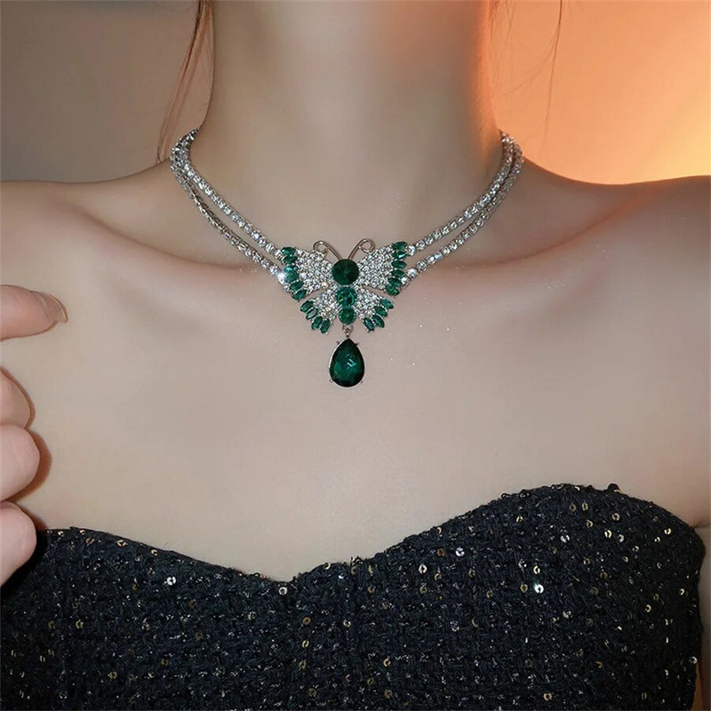 FYUAN Ogrlica s leptirima Kompleti naušnica Zelena kristalna ogrlica Žene Vjenčanja Mladenka Nakit Dodaci