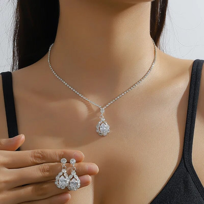 FYUAN klasikiniai geometriniai cirkonio karoliai auskarai moteriški vandens lašų krištoliniai auskarai vestuvėms nuotakos papuošalų rinkiniai priedai