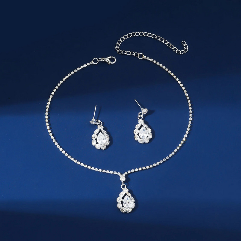 FYUAN klasikiniai geometriniai cirkonio karoliai auskarai moteriški vandens lašų krištoliniai auskarai vestuvėms nuotakos papuošalų rinkiniai priedai