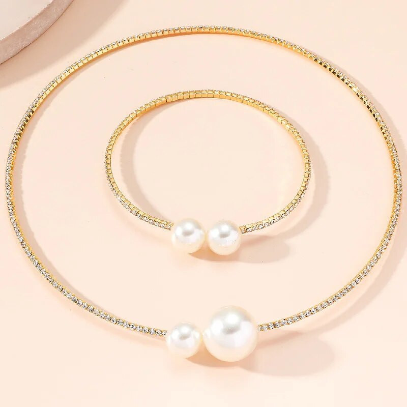 FYUAN Jednostavna biserna ogrlica, narukvica, ženski dijamant, torques za dame, mladenke, vjenčani setovi nakita, dodaci