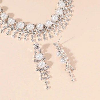 FYUAN Νέο στυλ γεωμετρικά σκουλαρίκια κολιέ με στρας για γυναίκες Κολιέ με μαργαριτάρια Σετ κοσμημάτων γάμου Νύφη Αξεσουάρ