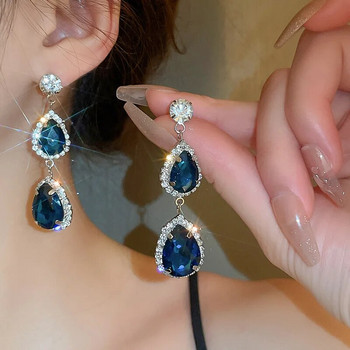 Γυναικεία σκουλαρίκια κολιέ πολυτελείας FYUAN Σκούρο μπλε σκουλαρίκια κρυστάλλινα σκουλαρίκια με σταγόνα νερού Σετ κοσμημάτων γάμου νύφης