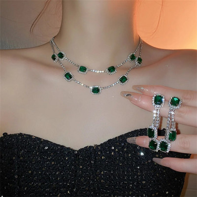 Γυναικεία σκουλαρίκια κολιέ πολυτελείας FYUAN Σκούρο μπλε σκουλαρίκια κρυστάλλινα σκουλαρίκια με σταγόνα νερού Σετ κοσμημάτων γάμου νύφης