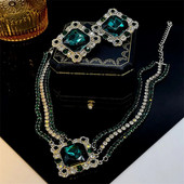 FYUAN vintage kaklarotas auskari sievietēm kvadrātveida zaļi kristāla auskari kāzu banketu rotaslietu komplekti