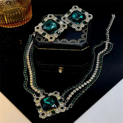 FYUAN vintage kaklarotas auskari sievietēm kvadrātveida zaļi kristāla auskari kāzu banketu rotaslietu komplekti