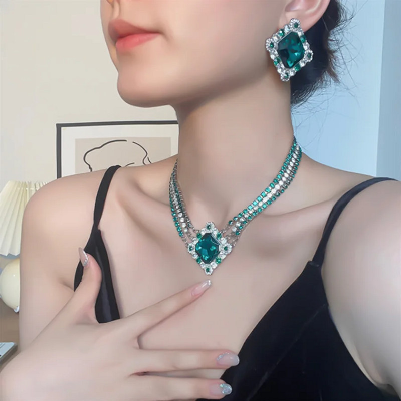 FYUAN vintage kaklarotas auskari sievietēm kvadrātveida zaļi kristāla auskari kāzu banketu rotaslietu komplekti