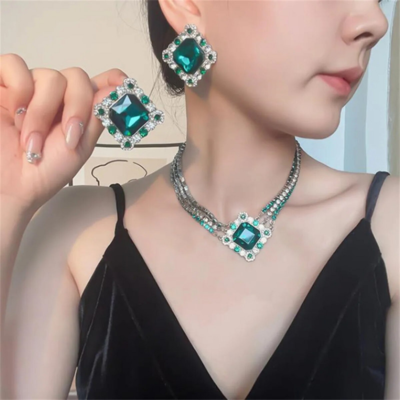 FYUAN vintage kaklarotas auskari sievietēm kvadrātveida zaļi kristāla auskari kāzu banketu rotaslietu komplekti