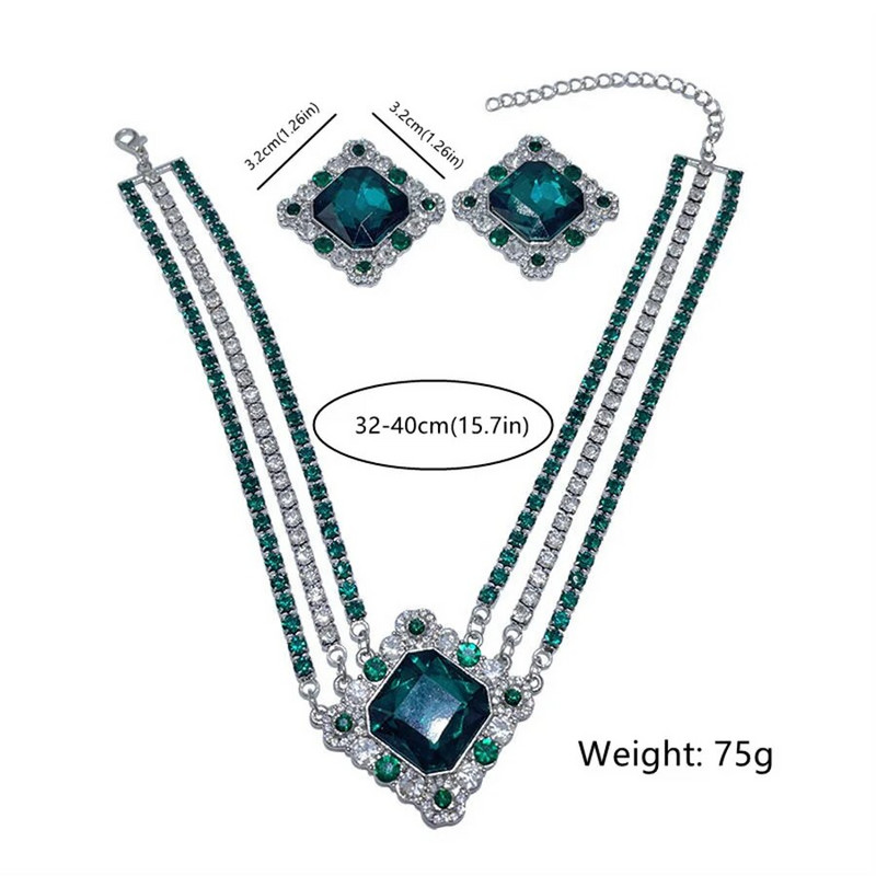 FYUAN vintage kaklarotas auskari sievietēm kvadrātveida zaļi kristāla auskari kāzu banketu rotaslietu komplekti