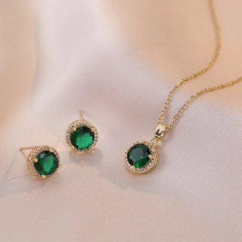 Νυφικά πράσινη πέτρα Στρογγυλά σκουλαρίκια και μενταγιόν κολιέ Γυναικεία χρυσό χρώμα Ζιργκόν Γαμήλια πάρτι γενεθλίων Σετ κοσμημάτων