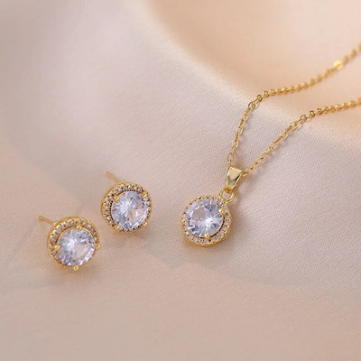 Vestuvių žalio akmens apvalūs auskarai ir kaklo karoliai moterims aukso spalvos cirkonio vestuvių gimtadienio papuošalų rinkiniai