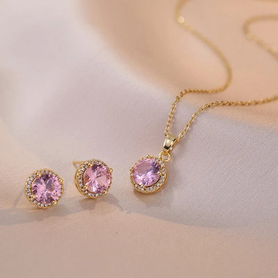 Vestuvių žalio akmens apvalūs auskarai ir kaklo karoliai moterims aukso spalvos cirkonio vestuvių gimtadienio papuošalų rinkiniai